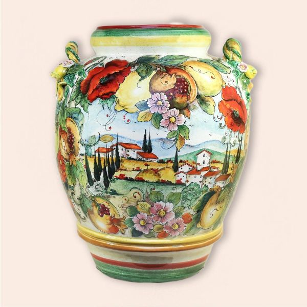 LARGE VASE WITH COUNTRYSIDE SCENE AND POPPIES CM.65H