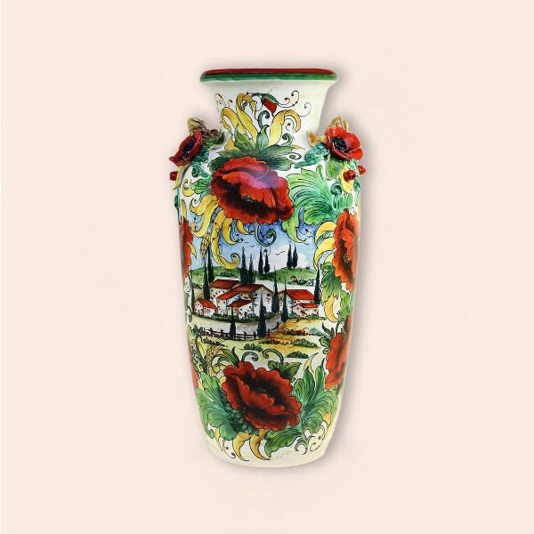 MISSILE-SHAPED VASE WITH COUNTRYSIDE SCENS AND POPPIES cm.70h