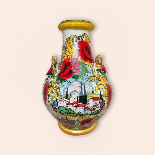 LONG NECK VASE WITH COUNTRYSIDE SCENES AND POPPIES cm.70h