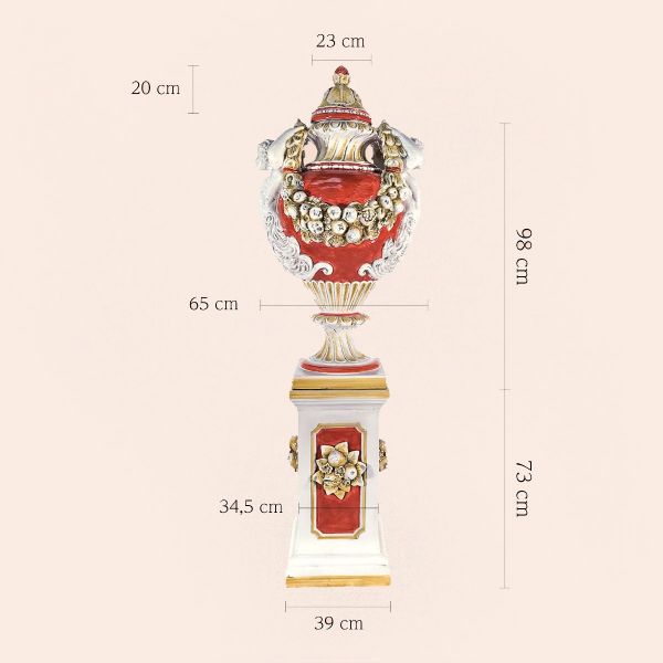 EMPIRE-STYLE VASE WITH FESTOONS AND FRUIT ON A TALL COLUMN, IN OLD PINK AND WHITE, cm.190h