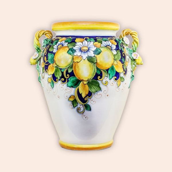 ROUNDED VASE WITH ENTWINED HANDLES LIMONI FONDO BLU cm.50h