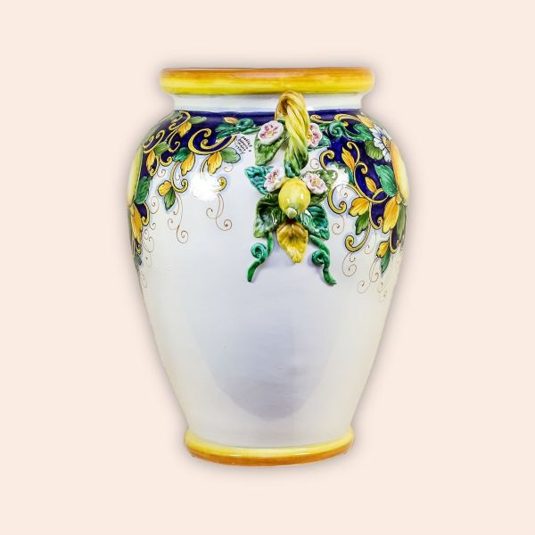 ROUNDED VASE WITH ENTWINED HANDLES LIMONI FONDO BLU cm.50h