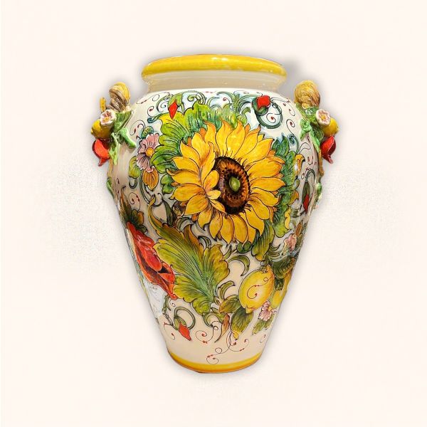 VASE, CM.58H, WITH SUNFLOWER AND POPPIES, CURLED HANDLES AND 3-D POPPIES