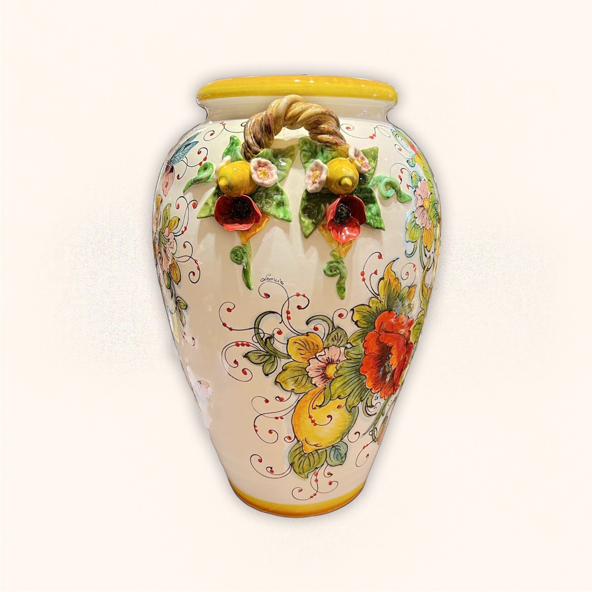 VASE, CM.58H, WITH SUNFLOWER AND POPPIES, CURLED HANDLES AND 3-D POPPIES