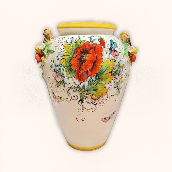 VASE, CM.58H, WITH SUNFLOWER AND POPPIES, CURLED HANDLES AND 3-D POPPIES