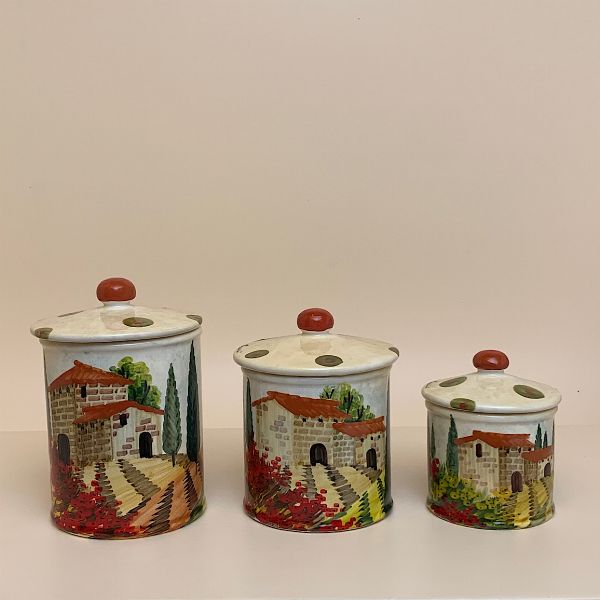 Set in ceramica italiana Barattoli Contenitore per alimenti Sale e zucchero  Dipinto a mano con motivo paesaggi Toscano Made in Italy Ceramica artistica  -  Italia
